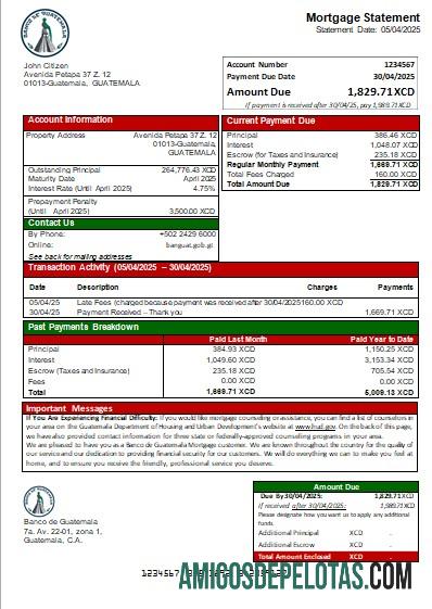 Guatemala Banco De Guatemala Bank Mortgage Statement Scr exemplo real